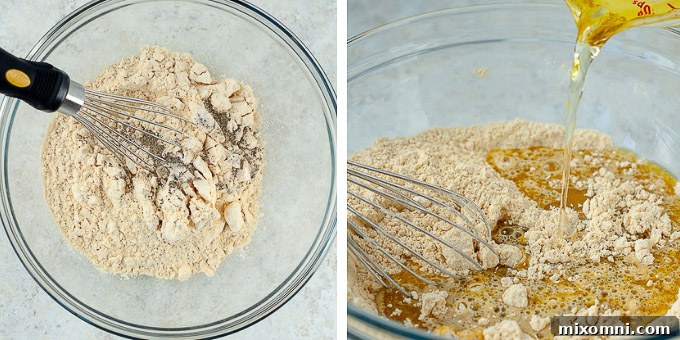 A visual guide demonstrating the initial preparation steps for socca, showing the process of mixing chickpea flour, salt, and pepper, followed by the addition of water and olive oil to create a smooth batter.