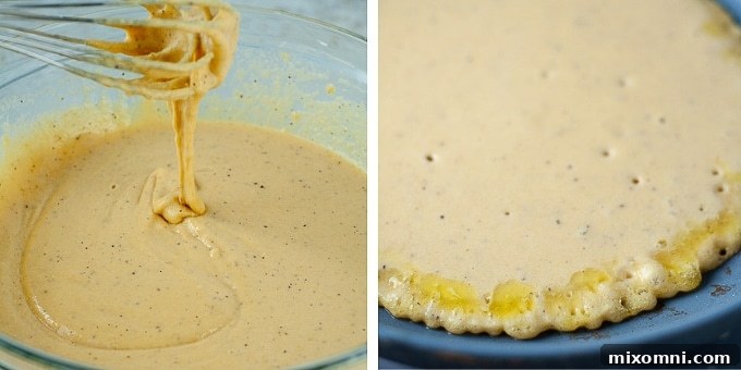 A sequence of images demonstrating the cooking process of socca, from carefully pouring the thin batter onto a hot skillet to the satisfying moment of flipping it to achieve a perfect golden-brown crispness.