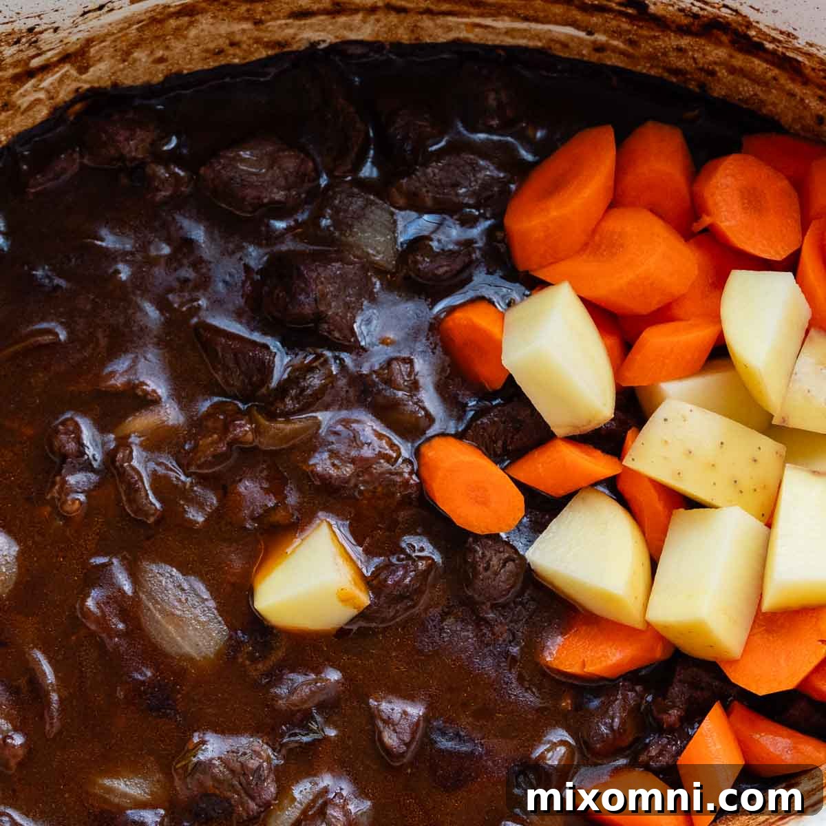 thickened, cooked stew with raw veggies.