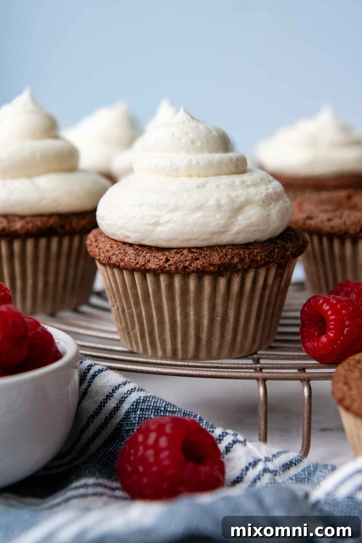A perfectly baked chocolate almond flour cupcake resting on a cooling rack, surrounded by fresh raspberries, ready to be frosted.