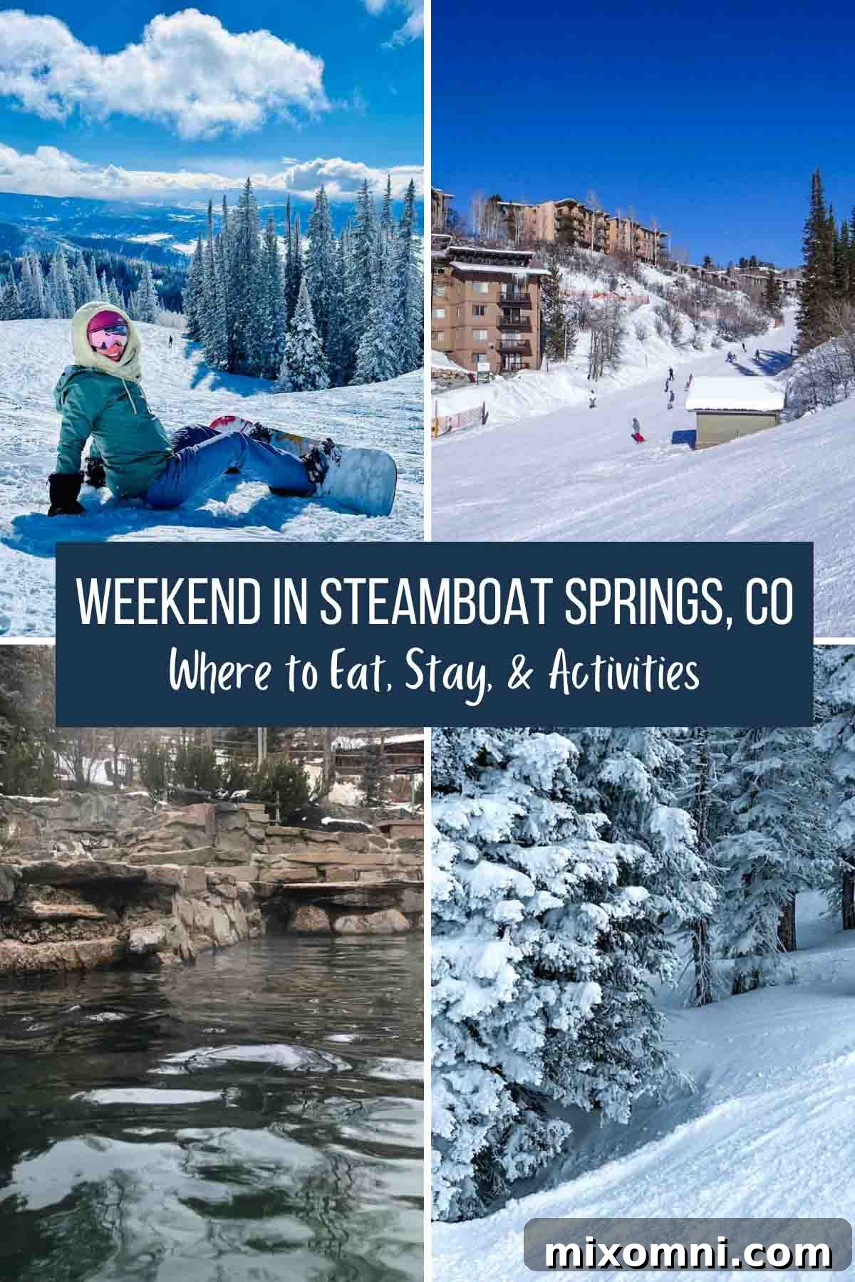 Collection of travel pictures showcasing the beauty of Steamboat Springs, Colorado in winter, featuring snow-covered mountains, vibrant downtown scenes, and adventurous activities.