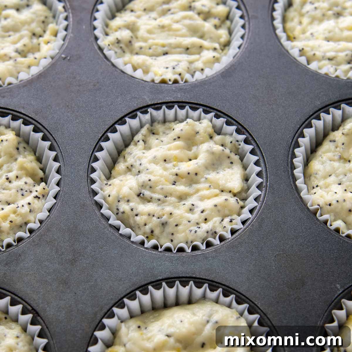A muffin tin filled with unbaked lemon poppy seed muffin batter, evenly distributed in paper liners and filled almost to the top, ready for baking.