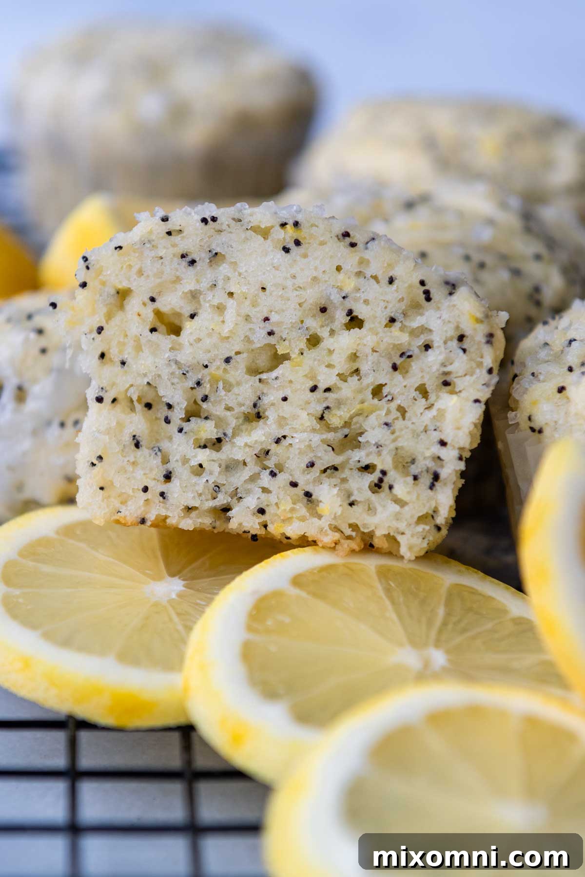 A freshly baked gluten-free lemon poppy seed muffin sliced in half, revealing its moist, tender, yellow crumb dotted with tiny poppy seeds, showcasing the perfect internal texture.