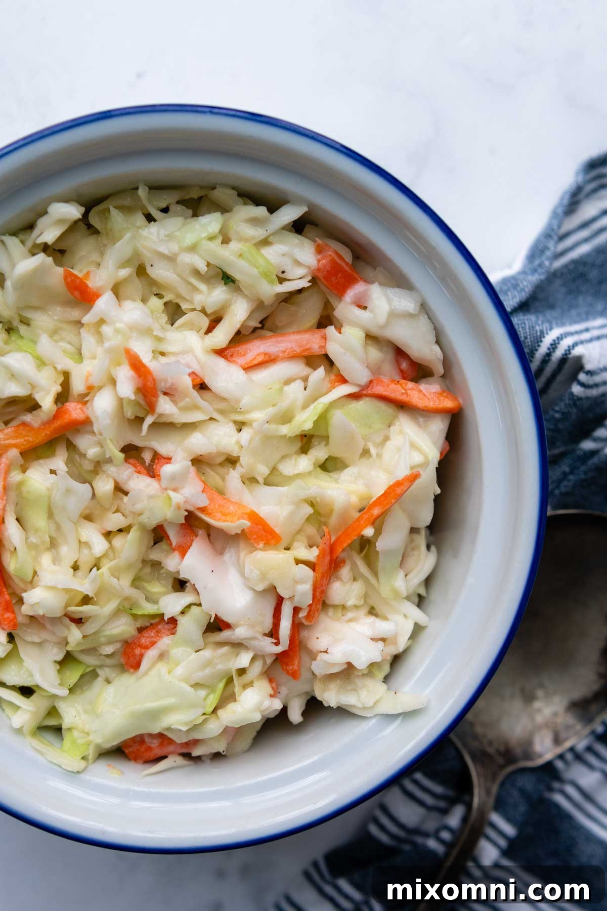 Overhead shot of a full bowl of creamy gluten-free coleslaw, garnished and ready to serve.