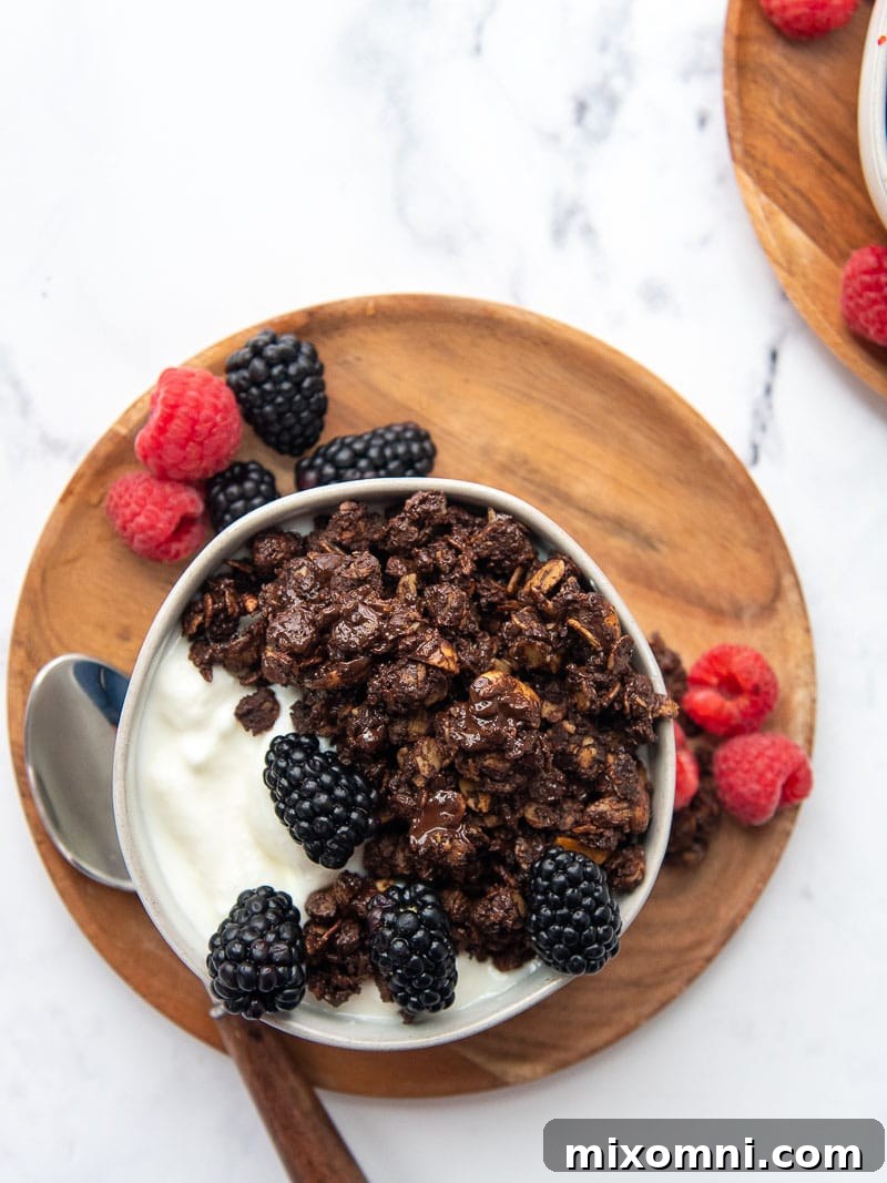 Overhead shot of a bowl filled with yogurt, topped generously with chocolate peanut butter granola and fresh mixed berries.