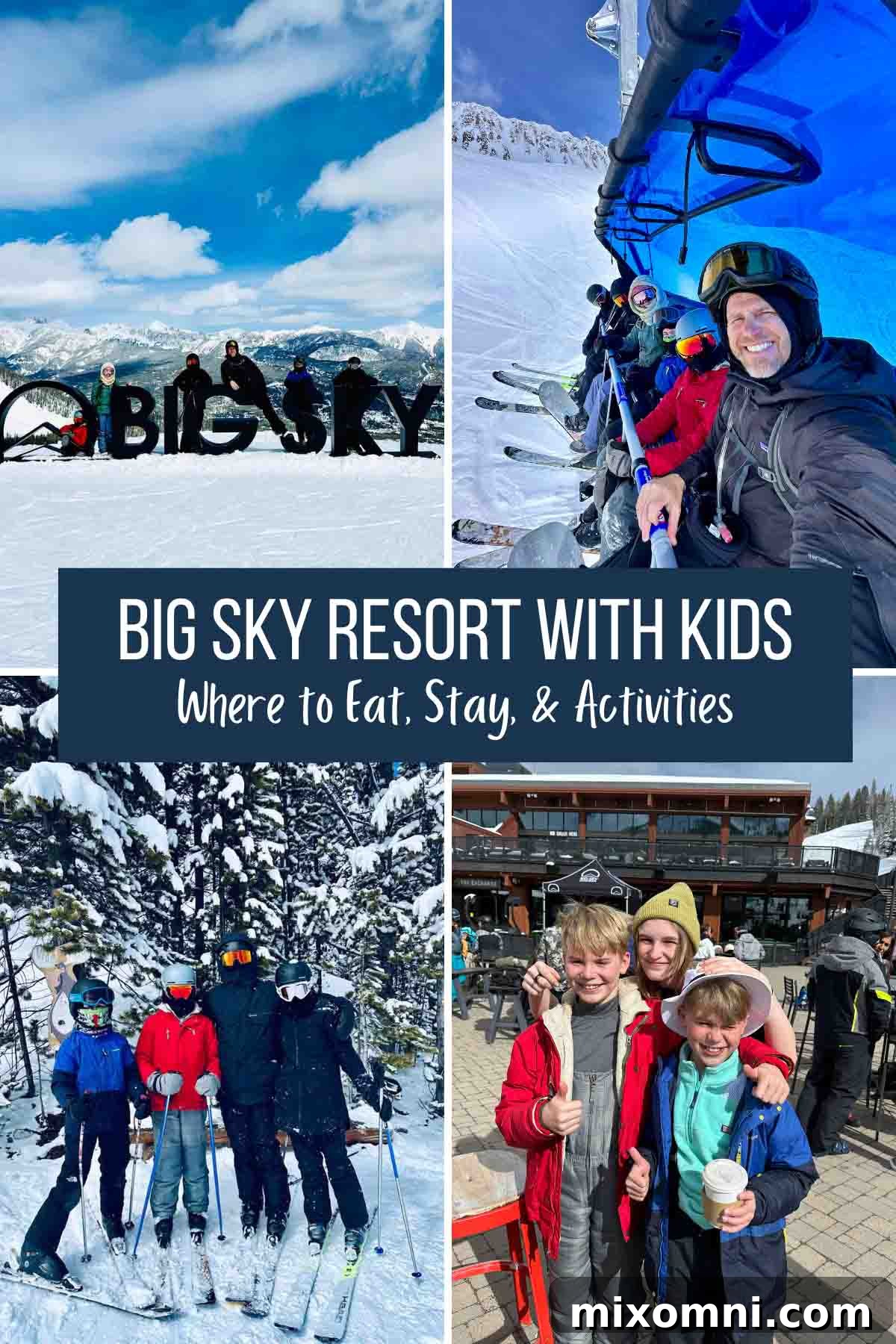 Family posing in front of a snowy mountain backdrop at Big Sky Resort, Montana.