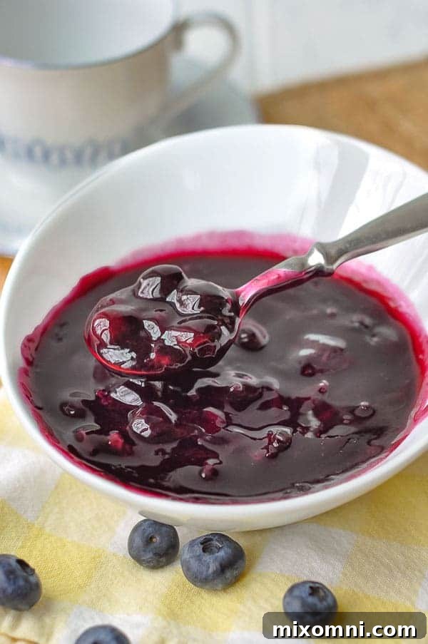 A bowl of rich blueberry syrup with a spoon resting on the side, ready to be served over breakfast or dessert.