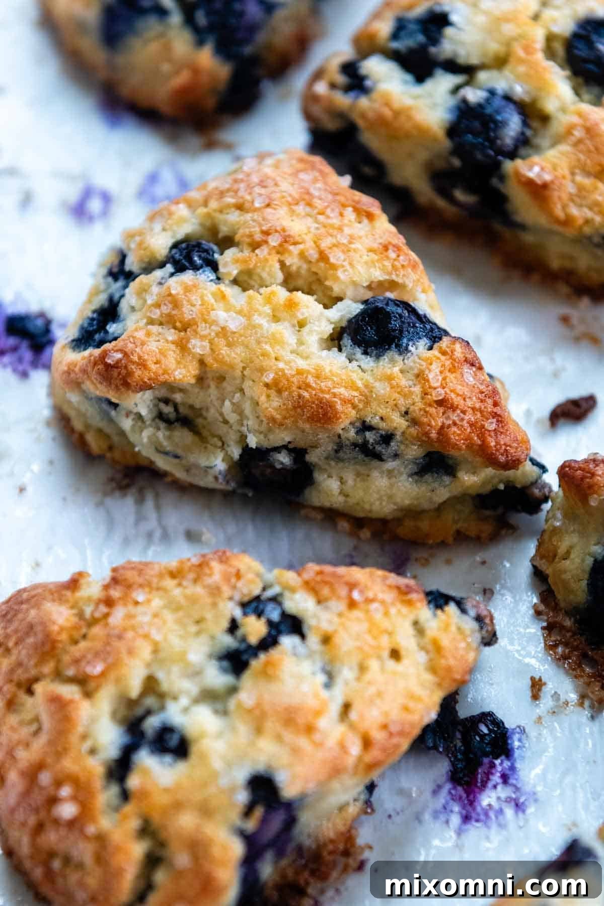 Golden-brown blueberry scones with crispy edges sit on a baking sheet, showcasing their tender crumb and fresh blueberries.