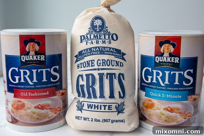 An image displaying various types of dried grits: stone ground, regular, and quick-cooking, highlighting their visual and textural differences.