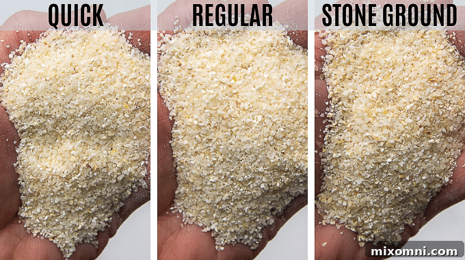A hand presenting three bowls, each containing a different type of dried grits: quick, regular, and stone ground, illustrating their varying textures and grind sizes.