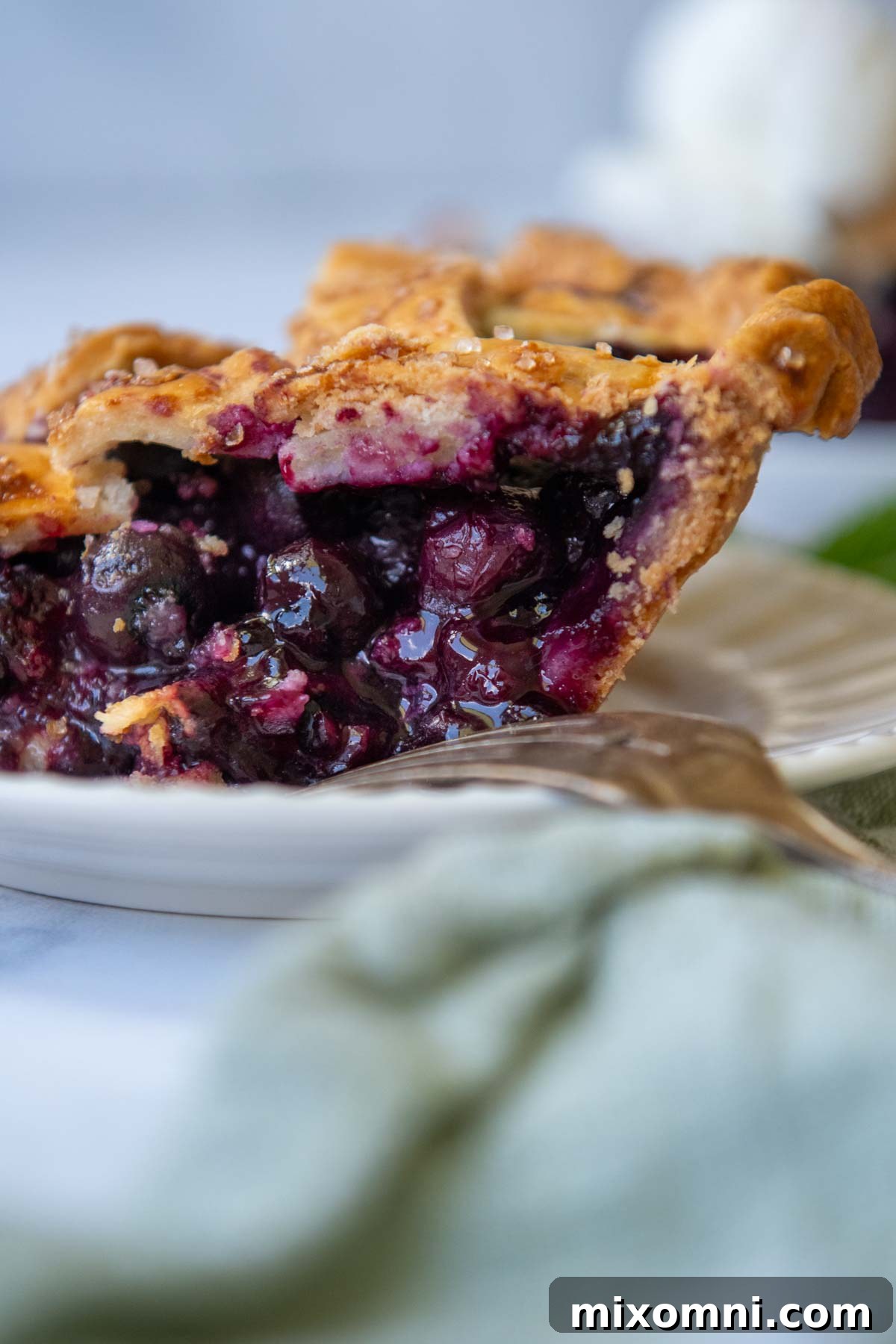 A close-up, side view of a slice of gluten-free blueberry pie on a white plate, showcasing the flaky crust and rich filling.