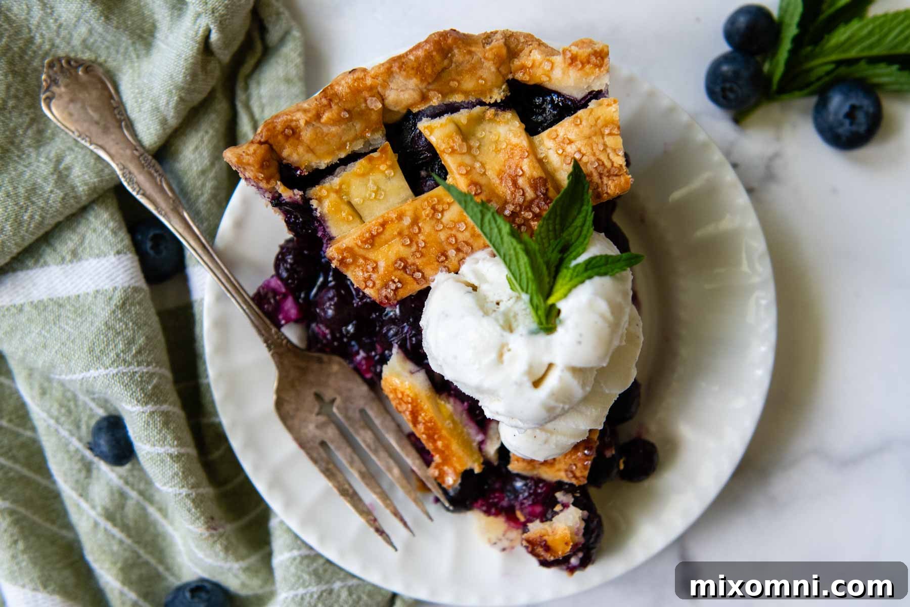 An inviting overhead shot of a lattice-top blueberry pie, perfectly baked and adorned with a scoop of melting vanilla ice cream.