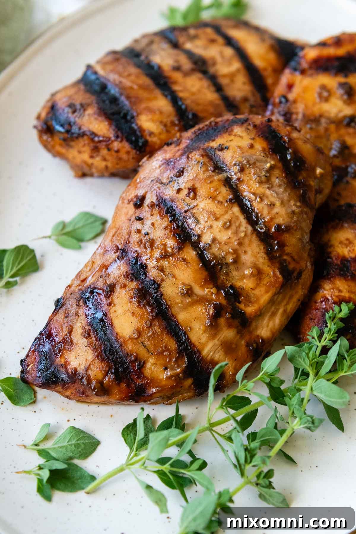 a unsliced chicken breast, marinated with grill marks, and fresh oregano around.