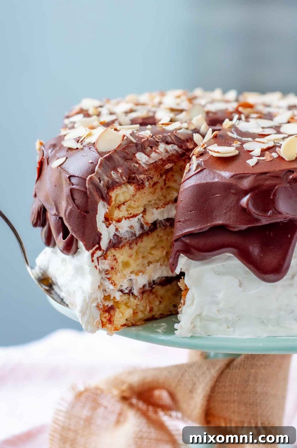 A glorious slice of Almond Joy Cake being served, showcasing its stunning layers of coconut cake, chocolate ganache, and fluffy coconut frosting, adorned with toasted almonds.