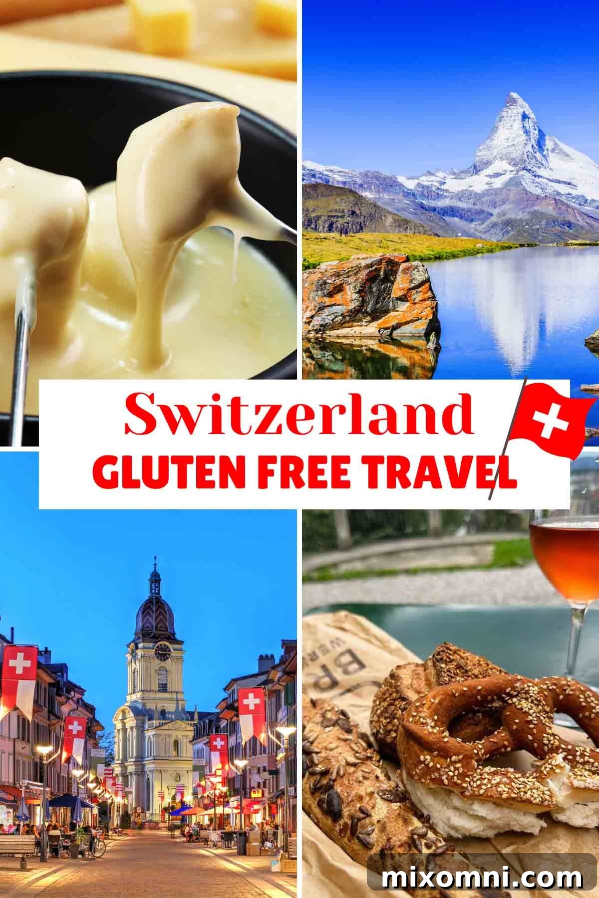 A vibrant collection of gluten-free Swiss foods, including cheeses, meats, and fresh produce, artfully arranged on a rustic wooden table with a scenic Swiss landscape in the background, inviting viewers to explore gluten-free travel in Switzerland.