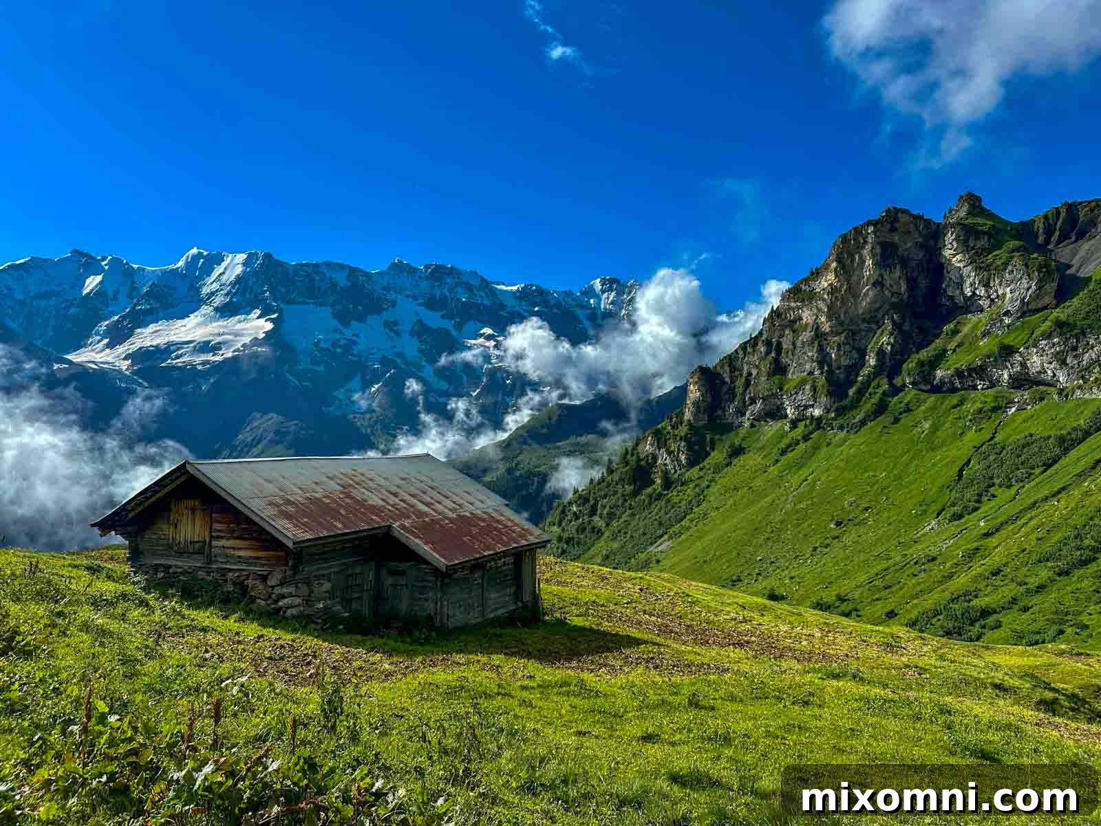 A breathtaking panoramic view of the Swiss Alps from a hiking trail, with lush green valleys and towering snow-capped peaks under a clear blue sky, inviting adventure and serenity.