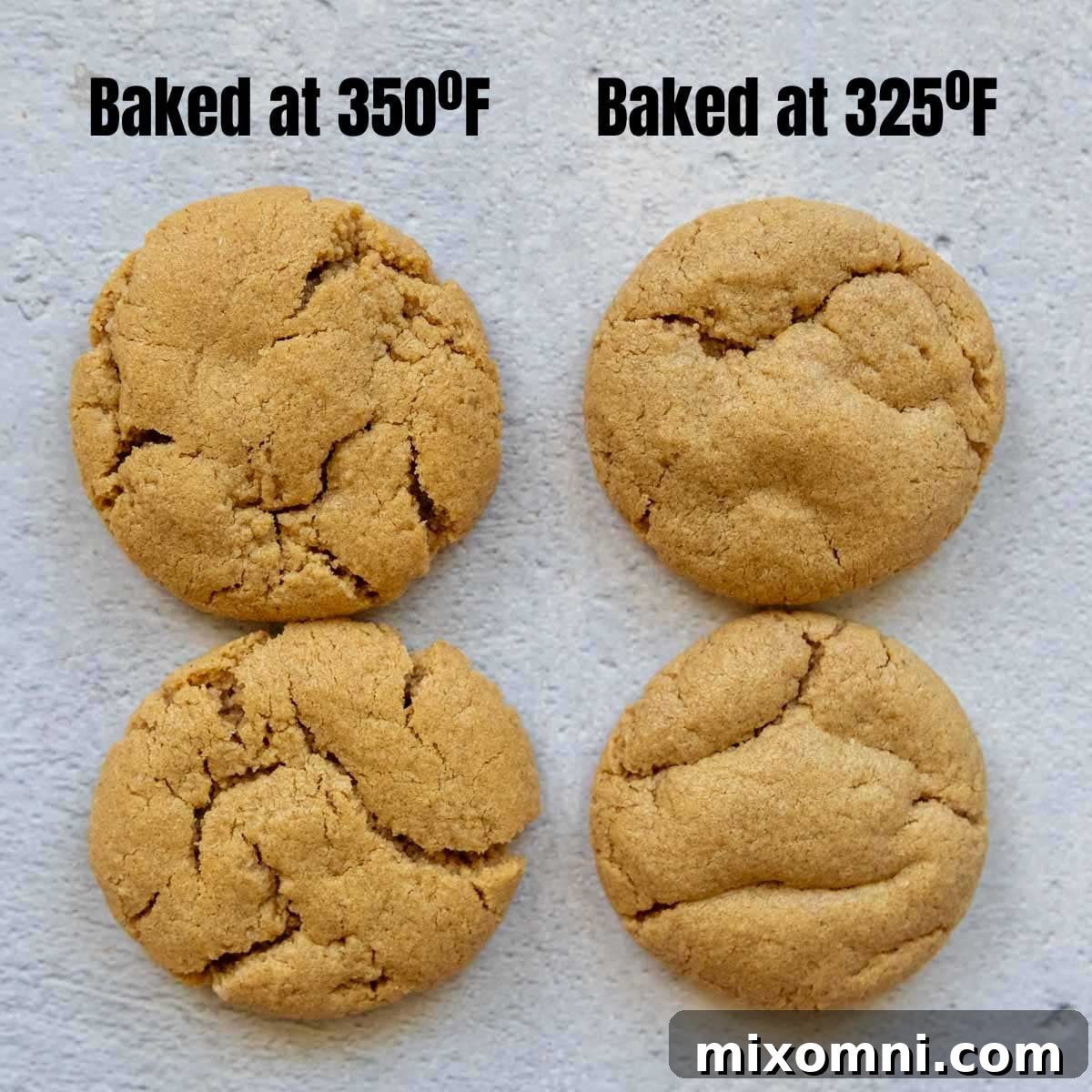 4 cookies on a white background showing different baking temps.