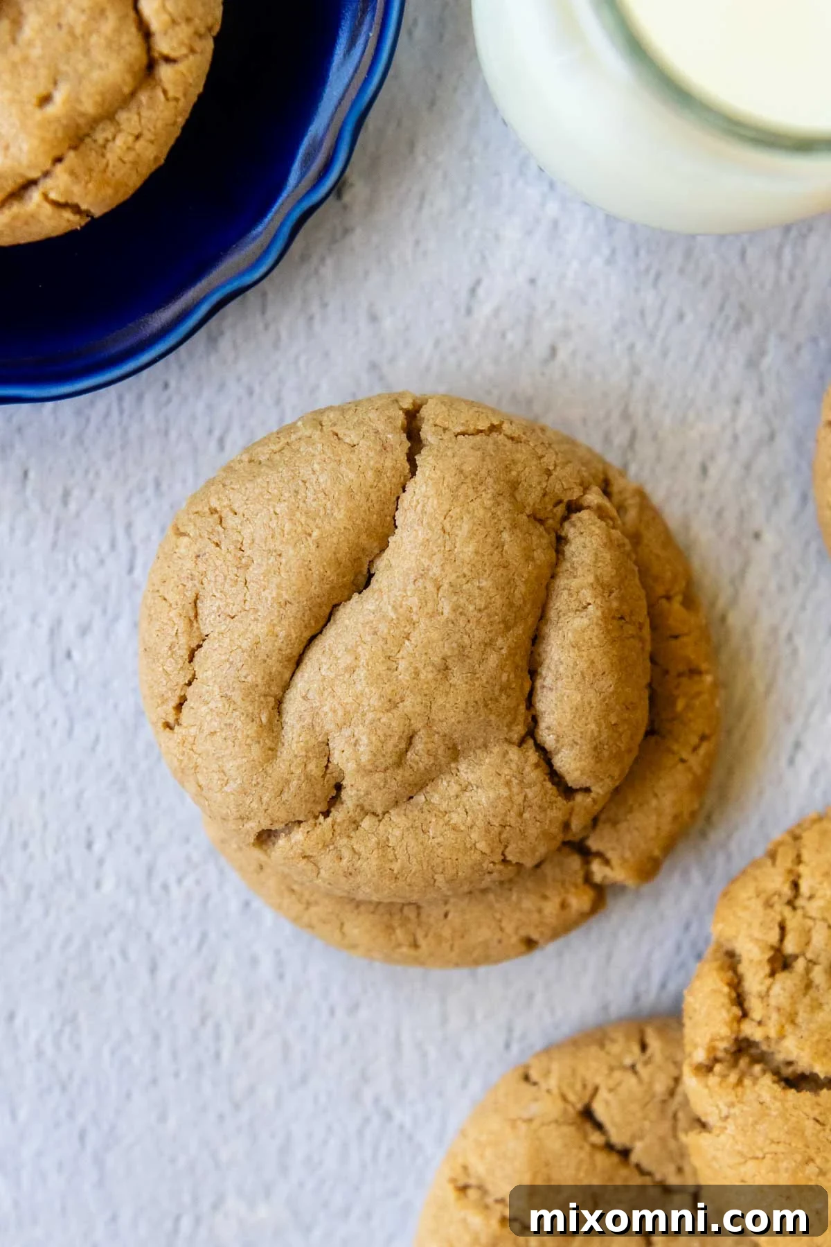 overhead shot of oat flour cookies stacked on each other.