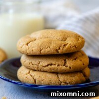 stack of 3 peanut butter cookies on a blue plate.
