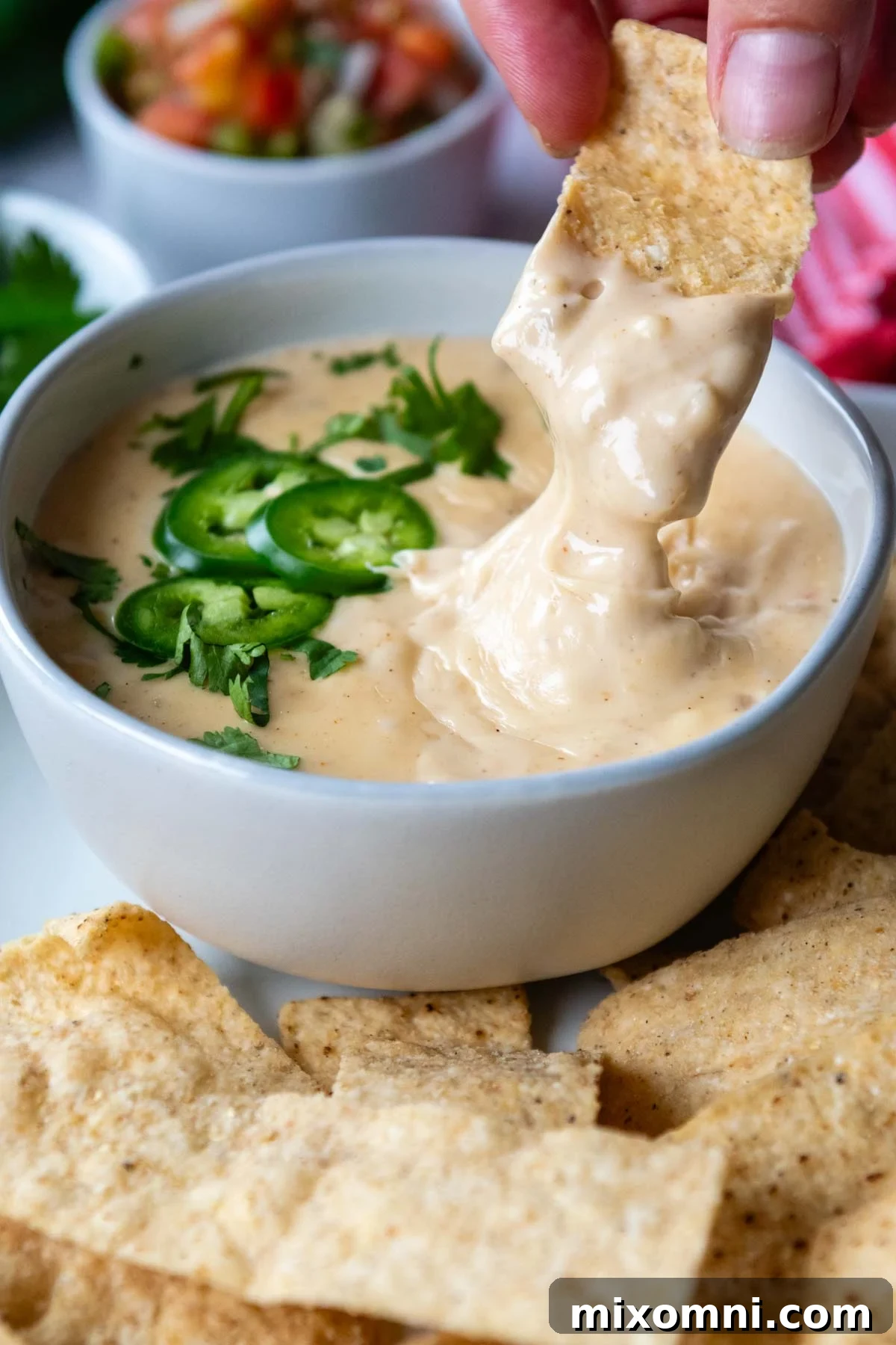 A tortilla chip being dipped into a bowl of creamy gluten-free queso cheese sauce, garnished with fresh jalapeños and cilantro. 
