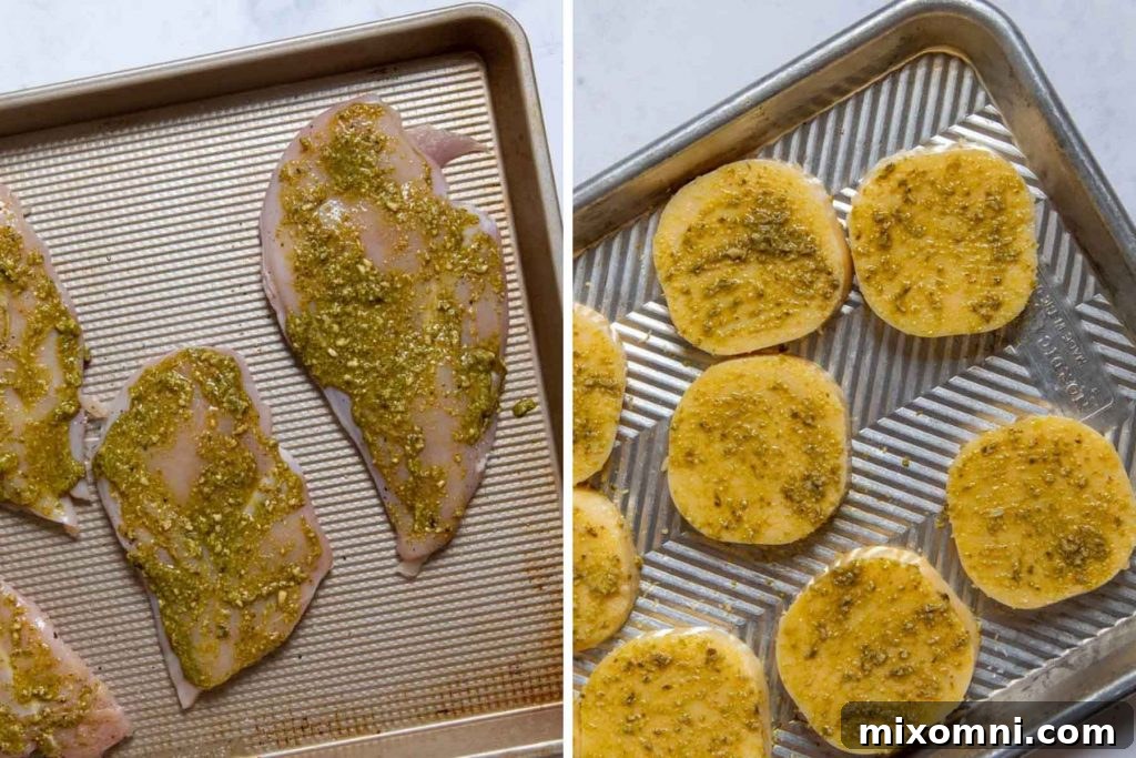 Step-by-step images showing how to prepare grilled chicken and polenta with pesto