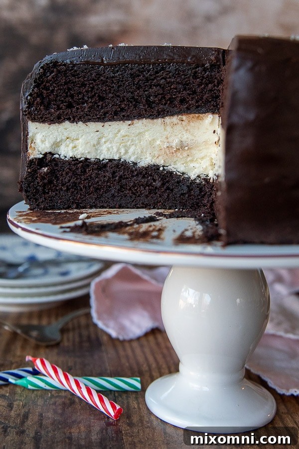 A close-up, straight-on view of a perfectly sliced Ding Dong cake on a cake stand, showcasing its distinct layers.