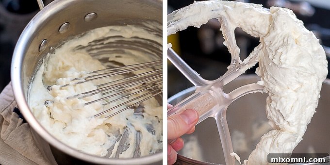 Three progression images showing the steps to making the fluffy ermine filling for the Ding Dong cake.