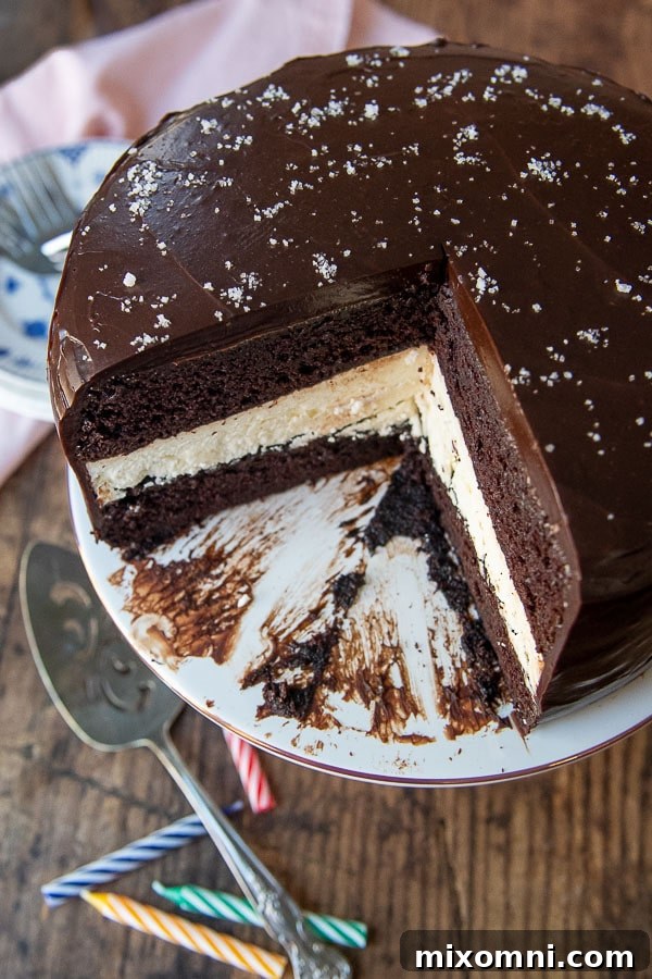An overhead shot of a finished Ding Dong cake with several slices already cut out, showcasing its delicious interior.