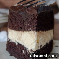 A fork going into a standing up piece of ding dong cake