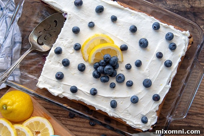 an overhead shot of a whole lemon blueberry sheet cake
