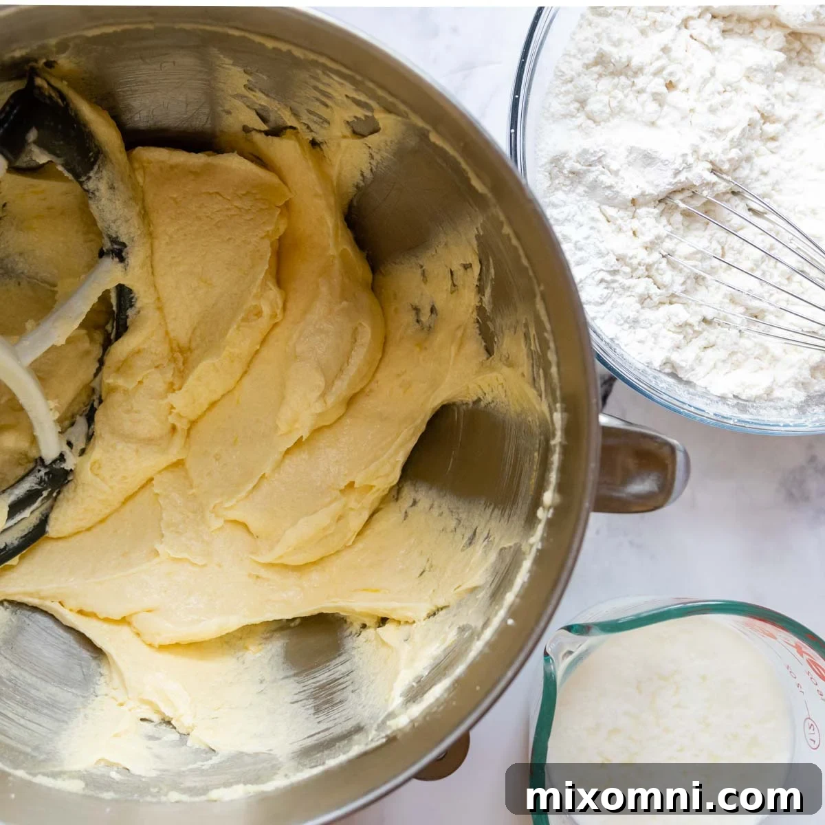 batter, flour, and buttermilk mixture.
