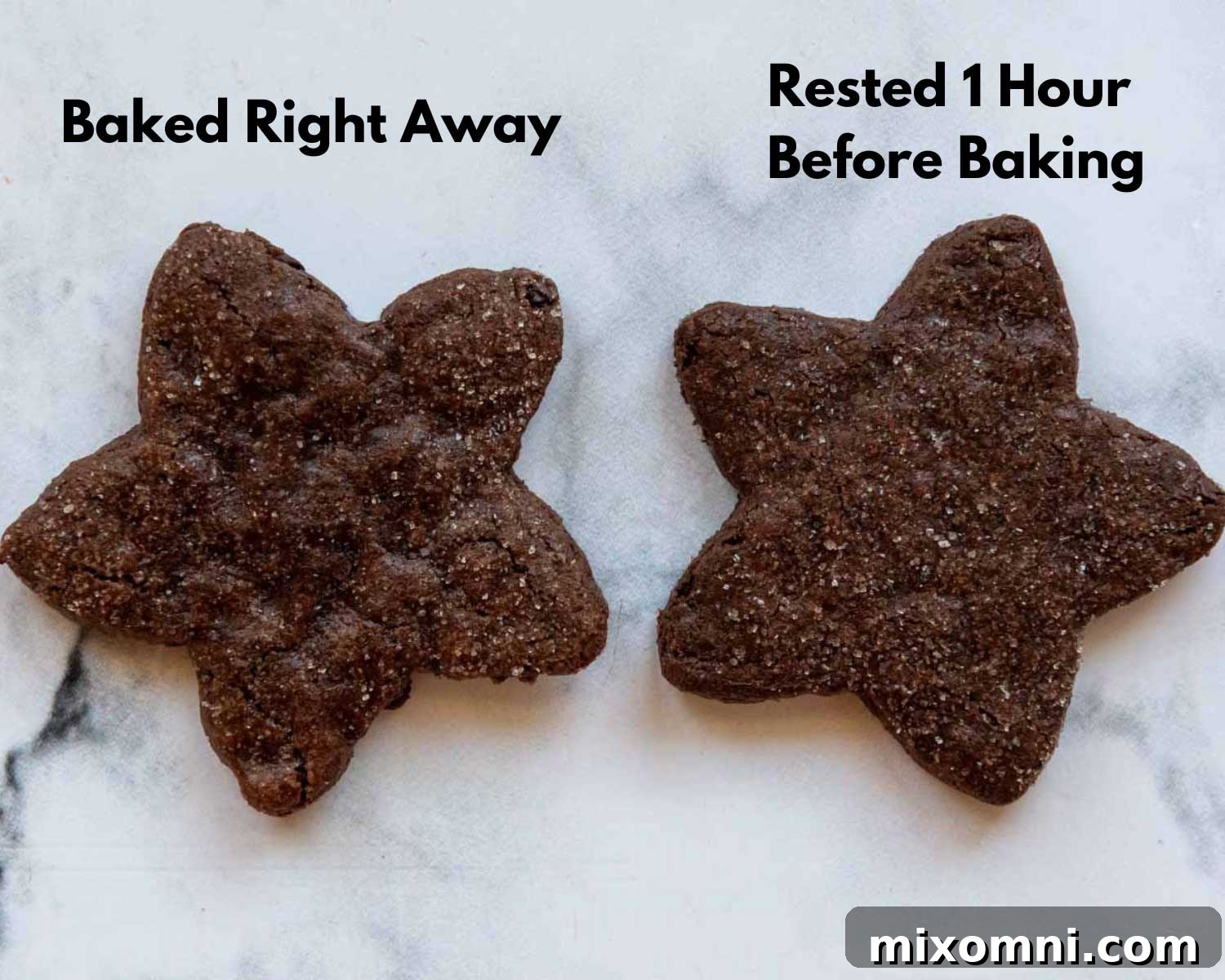 Two Basler Brunsli cookies side-by-side, illustrating the textural and appearance differences between rested and unrested dough.