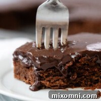 Gluten-Free Texas Sheet Cake on a white plate with a fork.