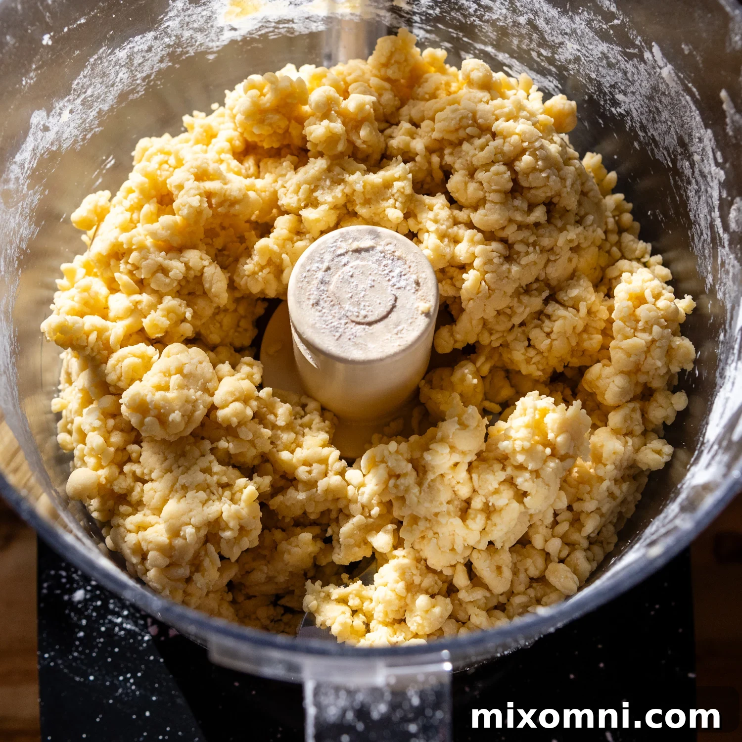 Pasta ingredients being mixed in a food processor, showing the dough forming small clumps.