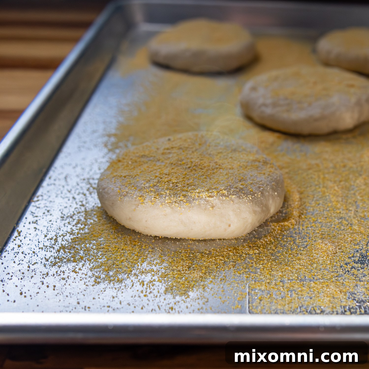 Gluten-free English muffin dough balls, flattened and spaced evenly on a baking sheet, after their initial rise.
