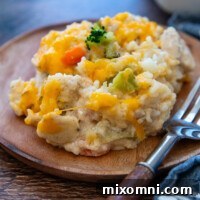 A serving of Gluten-Free Chicken Rice Casserole on a plate with a fork.