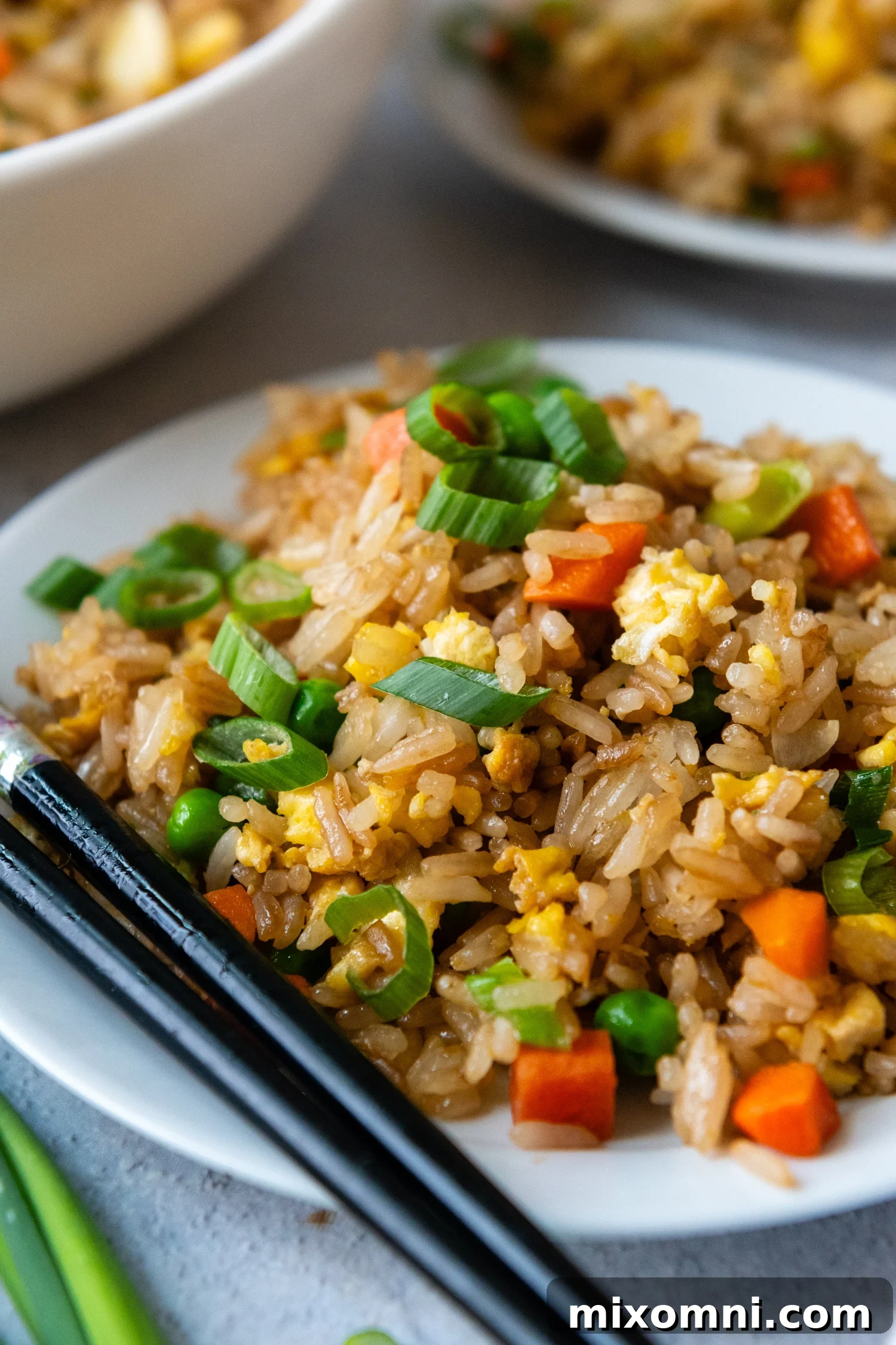 Vibrant gluten-free fried rice in a white bowl, ready to be served, showcasing its perfect texture and appealing mix of ingredients.