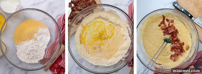A visual guide showing the first three steps of making bacon cornbread: whisking dry ingredients, creating a well for liquid ingredients, and then combining them into a batter.