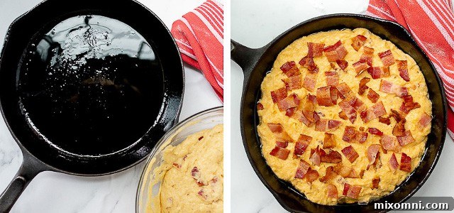 A detailed image showing the final steps of preparing bacon cornbread: pouring the batter into a greased skillet and topping with more chopped bacon before baking.