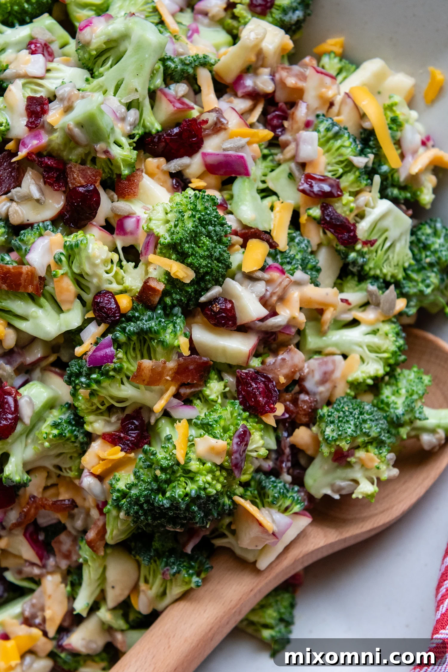 Close up of all the flavors in the crunchy gluten-free broccoli salad.