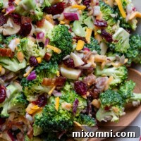 Close up of all the flavors in the crunchy gluten-free broccoli salad.