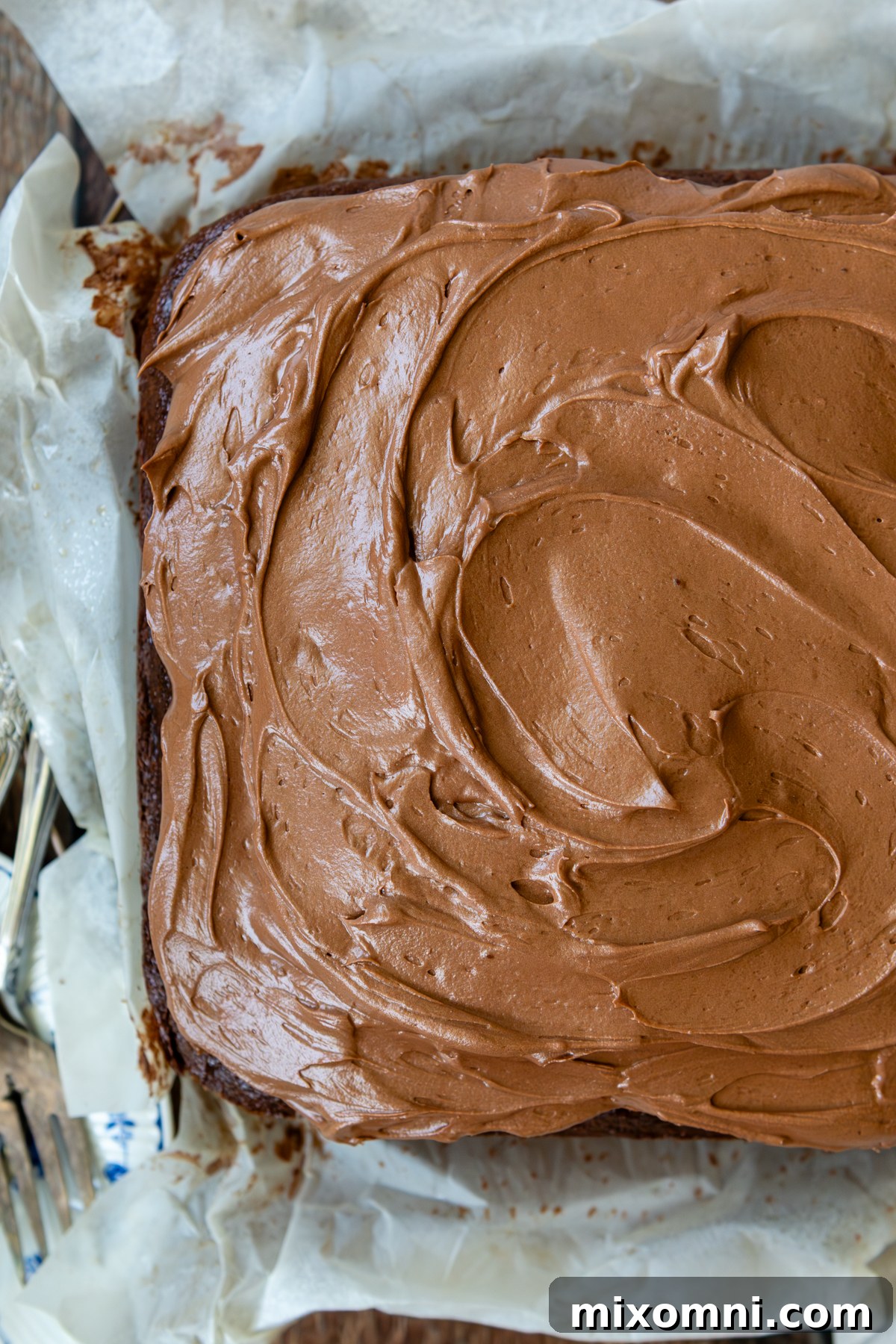 Overhead shot of a beautifully frosted gluten-free oat flour chocolate cake, showcasing its rich texture and topping.