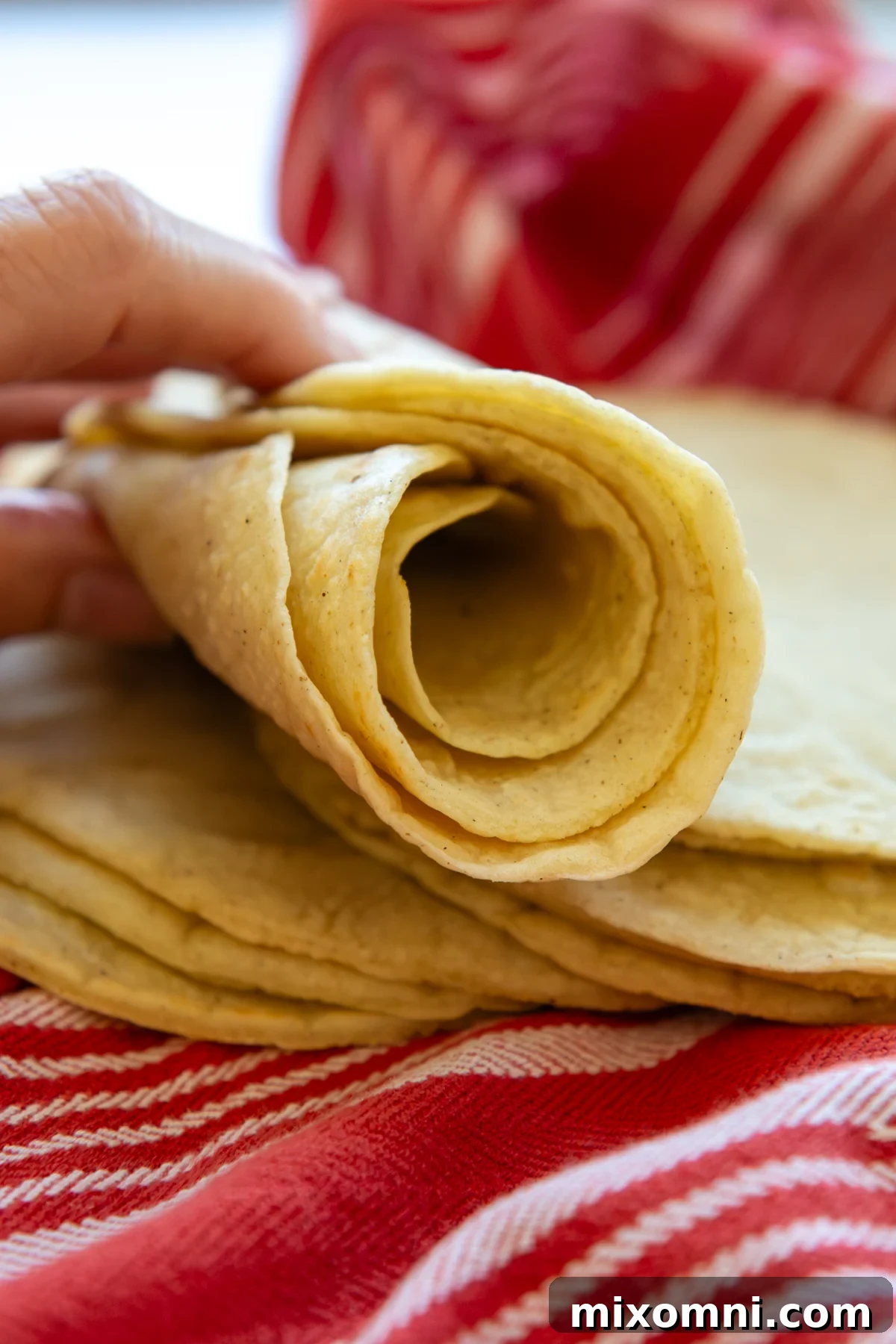 Rolled up stack of gluten free corn tortillas, showcasing their softness and flexibility.