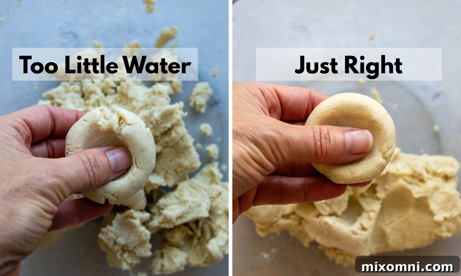 Thumb pressing into dough to show the right (smooth edges) and wrong (cracked edges) consistency.