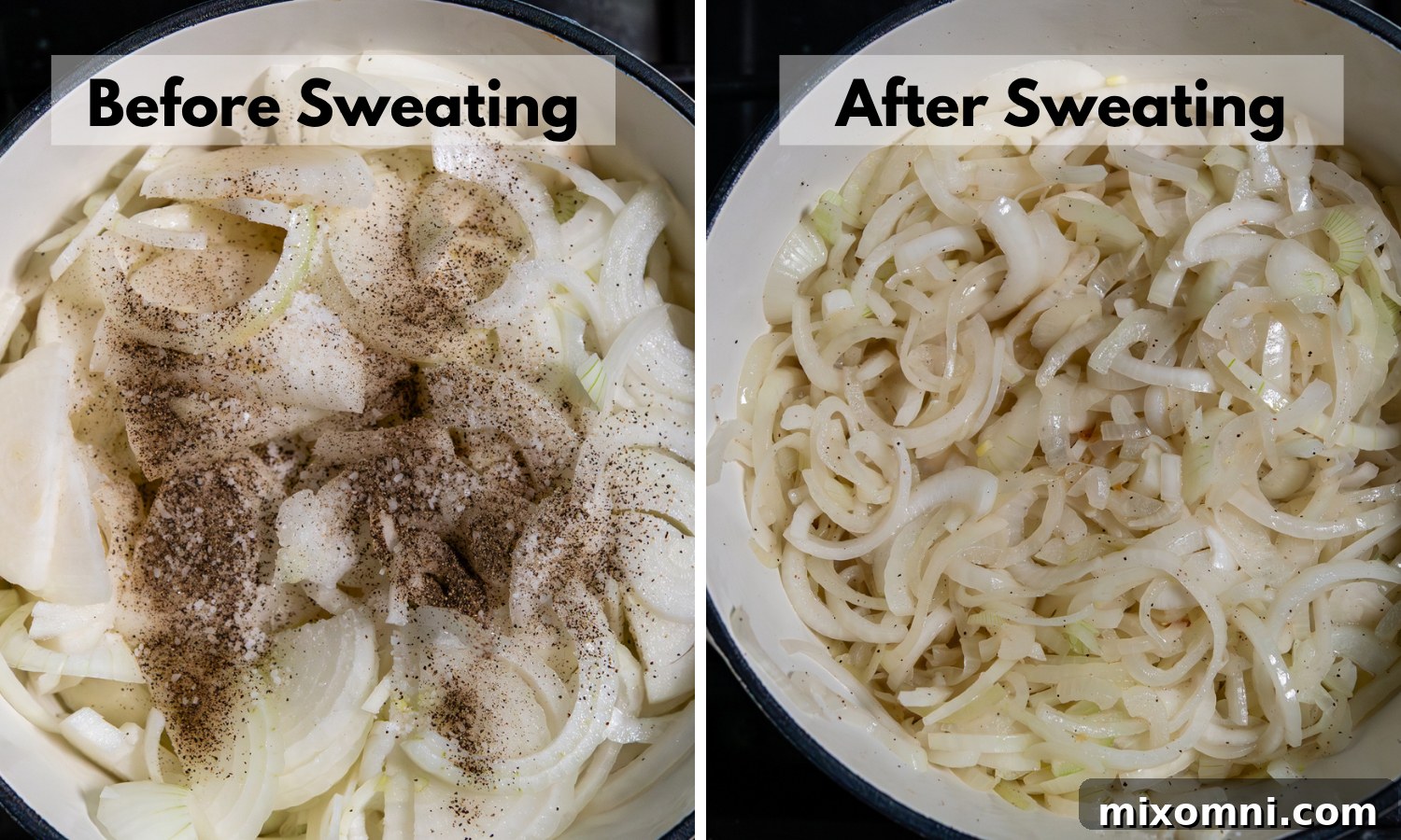 Two side-by-side images: one showing fresh, raw sliced onions before cooking, and the second showing softened, slightly translucent onions after the initial 'sweating' phase under cover.