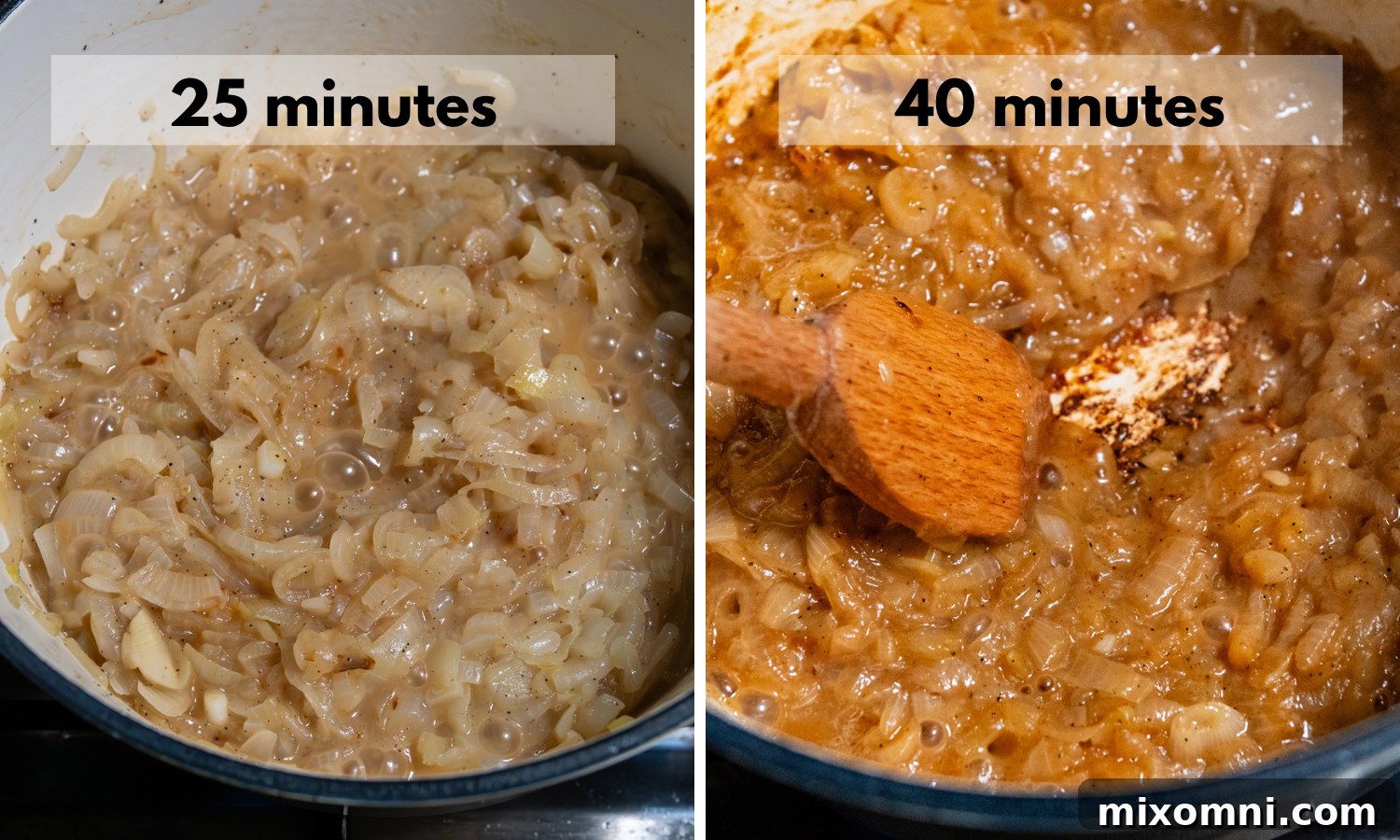Two side-by-side images depicting onion caramelization progress: one showing onions after 25 minutes of cooking, beginning to brown, and the second showing onions after 40 minutes, with a richer, deeper brown color and reduced volume.