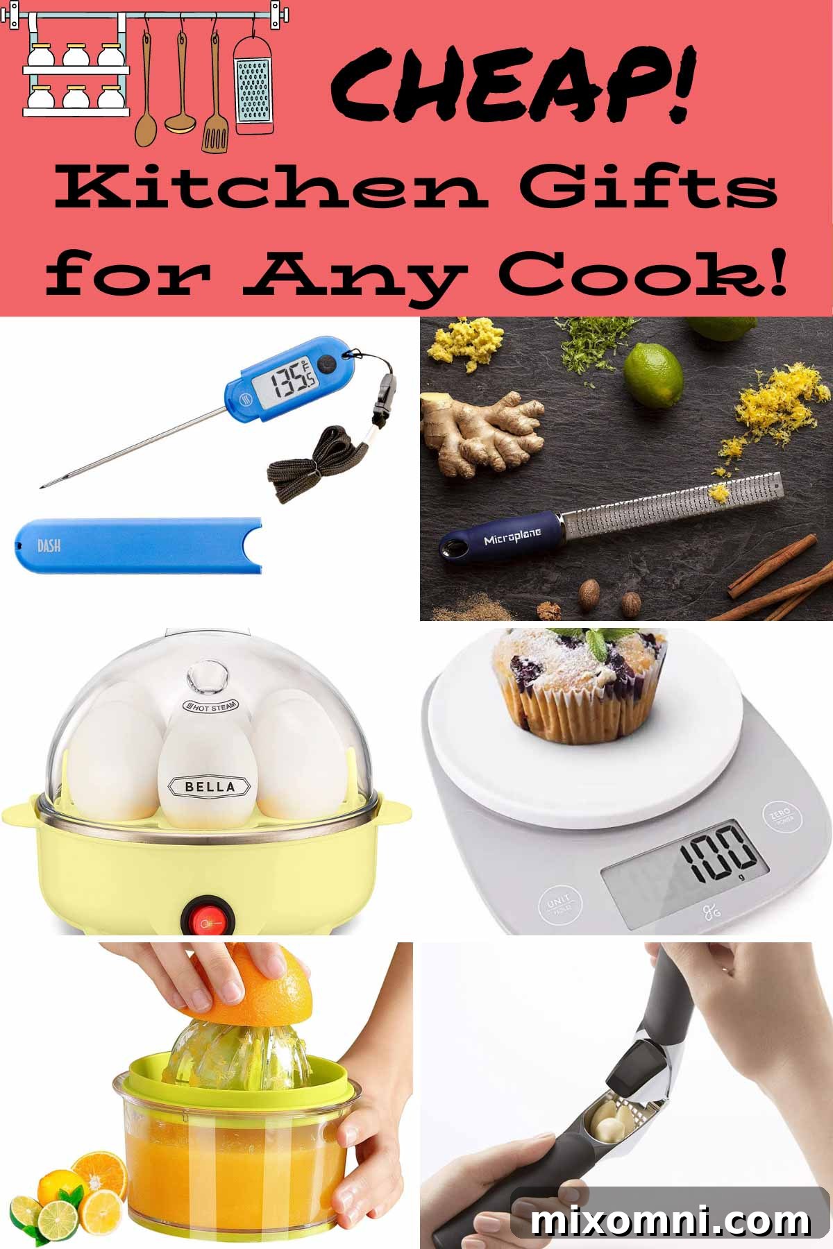 Collage of budget-friendly kitchen gifts and essential gadgets