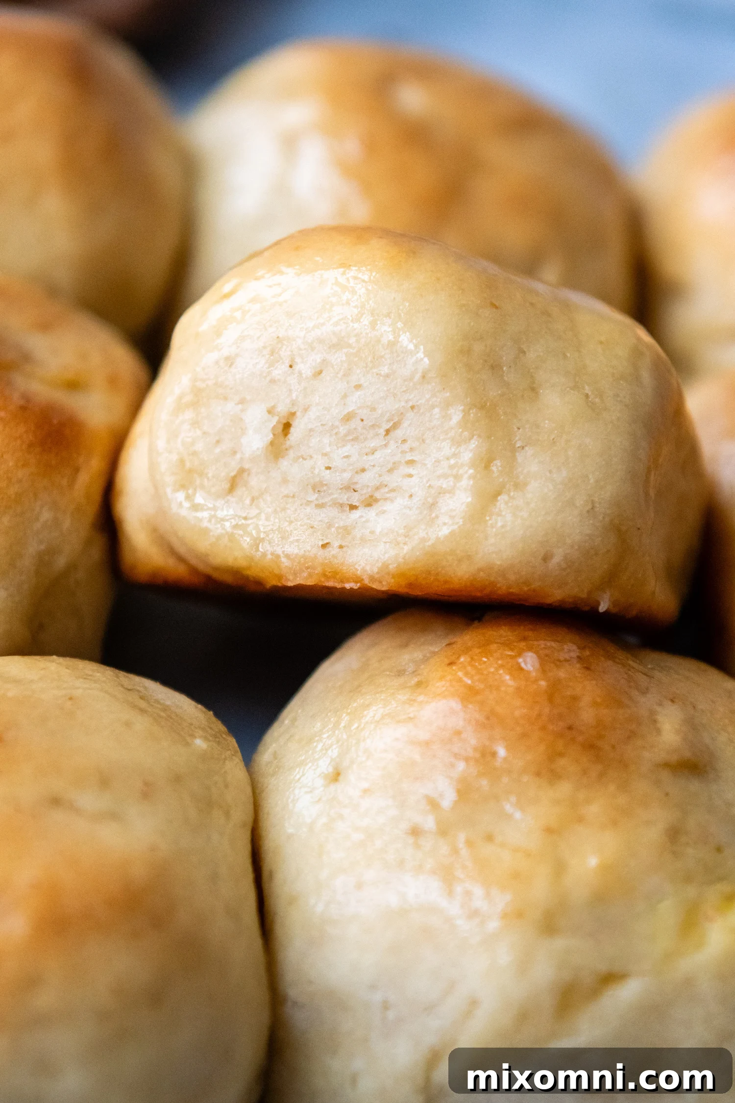 Close up of a bunch of golden brown, perfectly risen Gluten Free Hawaiian Rolls, still connected in the pan, highlighting their soft texture.