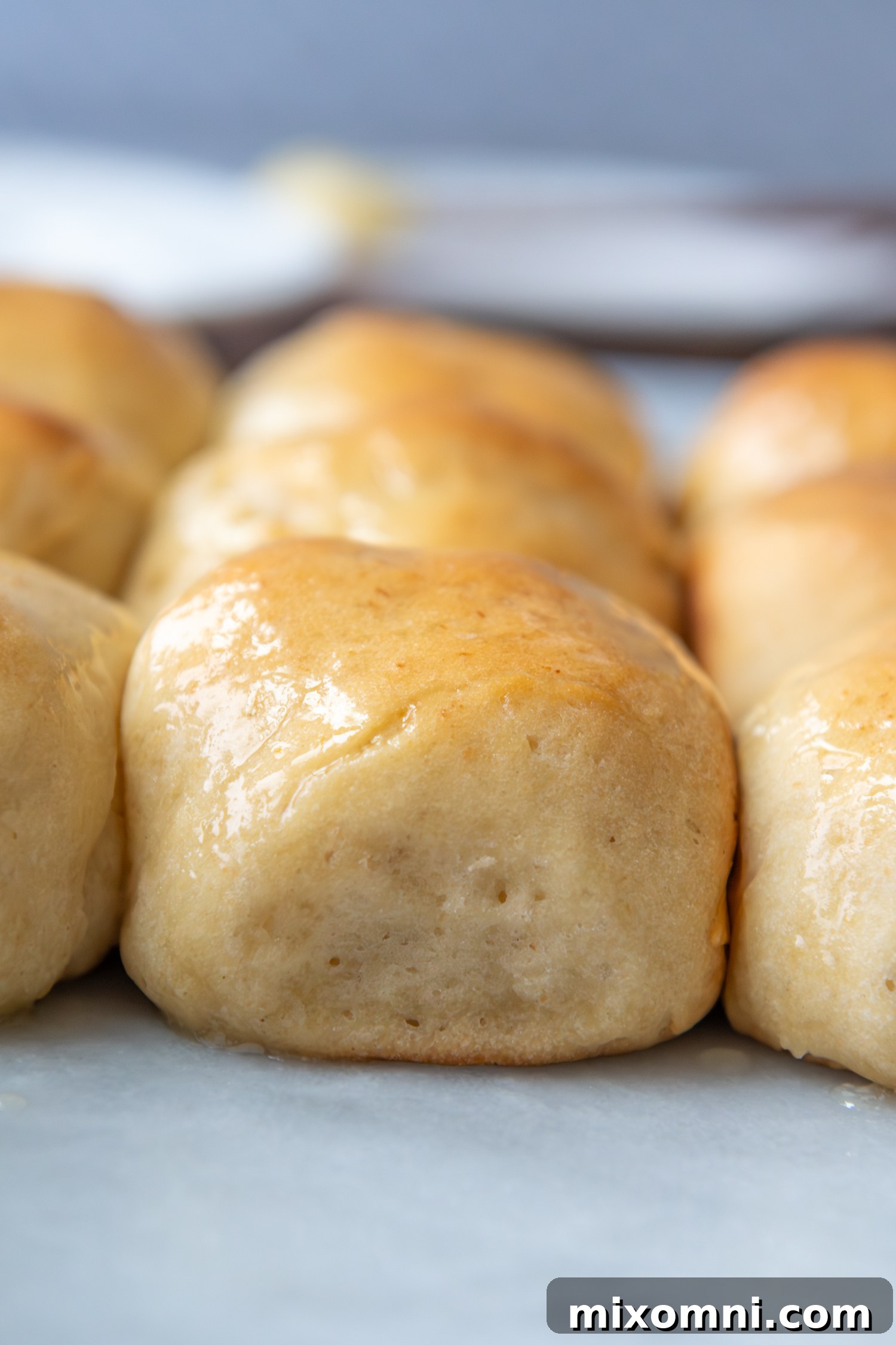 Close up of a bunch of golden brown, perfectly risen Gluten Free Hawaiian Rolls, still connected just out of the pan, highlighting their soft texture.