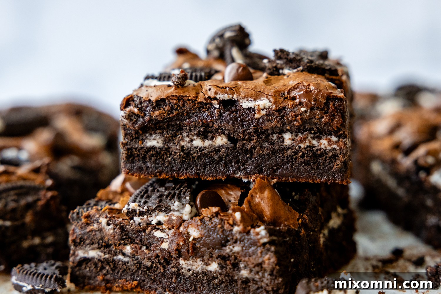 Close-up of the moist, fudgy internal texture of a gluten-free Oreo brownie.